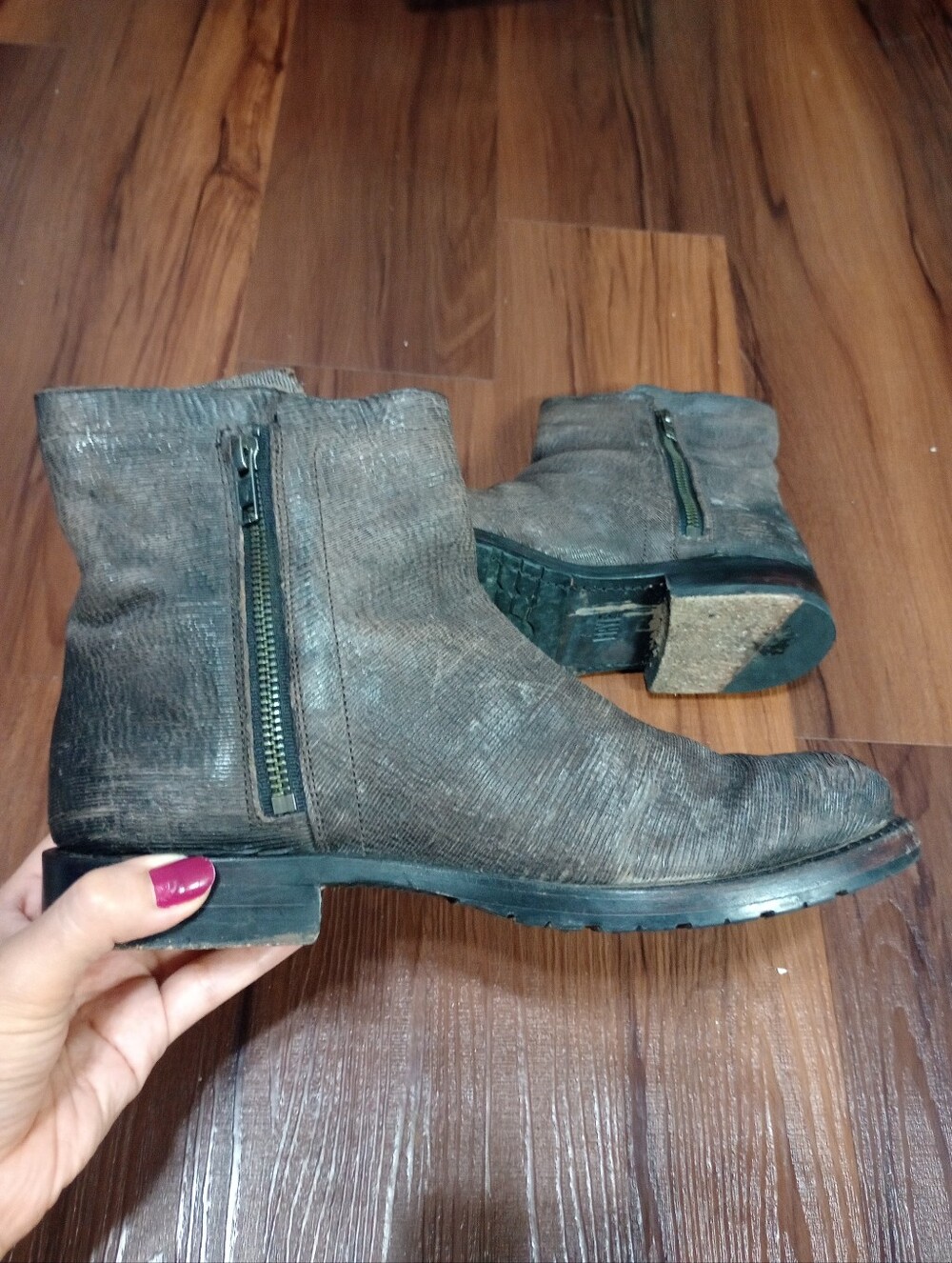 Frye Natalie Double Zip Layered Distressed Leather Textured Boots Indie Sleaze